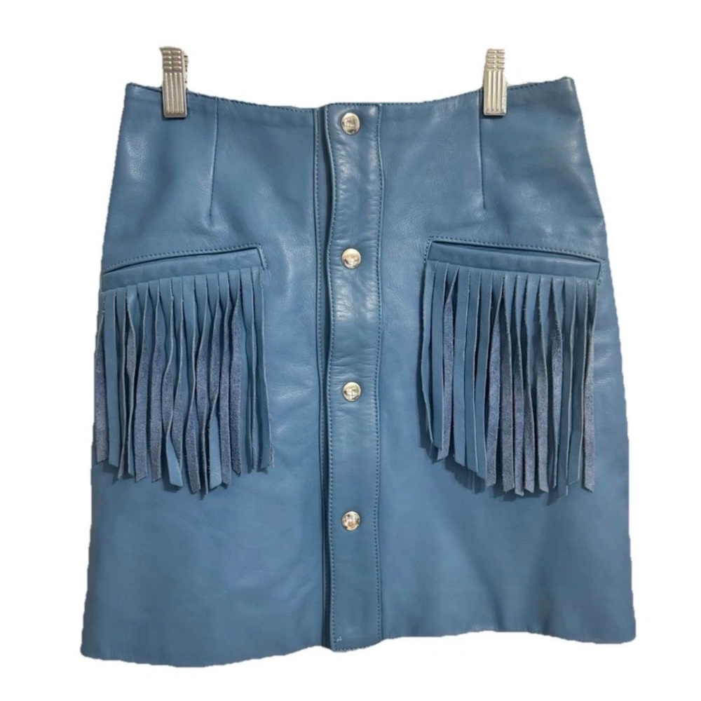 Understated Leather | Blue Leather Skirt | Snap Front Fringe | Western | Sz XS